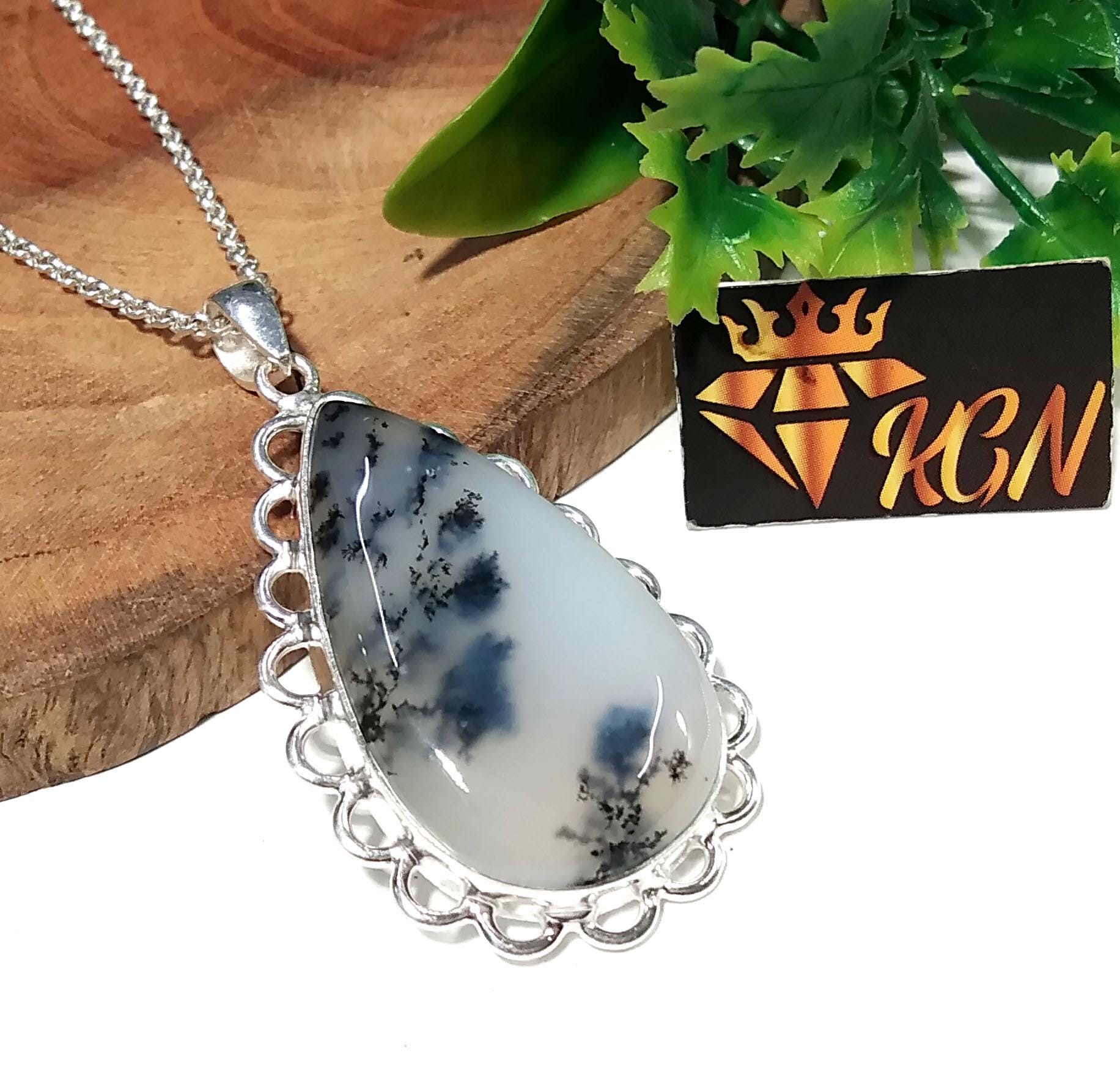 Amazing Design Dendrite Opal Gemstone Pendant, 925 Sterling Silver Pendant, Natural Dendrite Stone Pendant Chain Necklace ,For Girls & Women